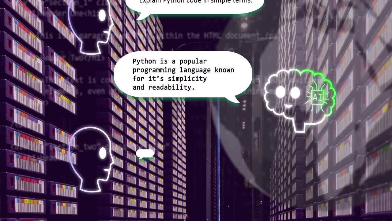 Animation of ai chat and globe over computer server room