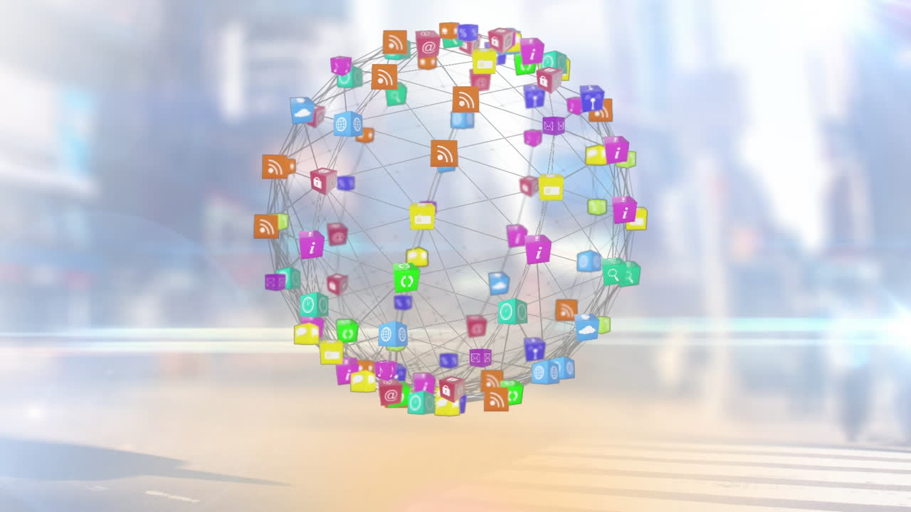 도시 풍경 위에서 소셜 미디어 아이콘의 네트워크로 형성된 지구의 애니메이션