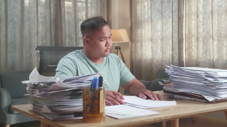 Fat Asian Man Being Tired Working Hard With Documents At The Office