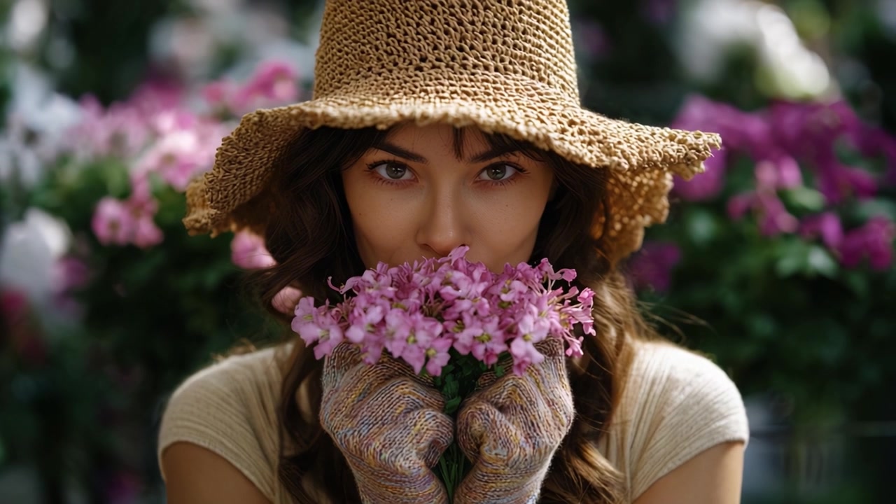 Una donna che indossa un cappello tiene un bouquet di fiori rosa vicino al viso, incarnando bellezza e serenità in un lussureggiante ambiente floreale pieno di fioriture vivaci.