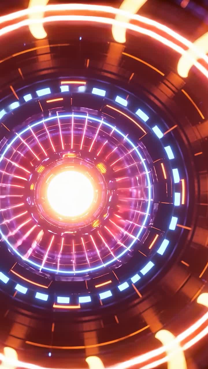 Video verticale: Nucleo energetico in caricamento dopo l'arrivo di un segnale nel reattore fino al picco, con luci blu.