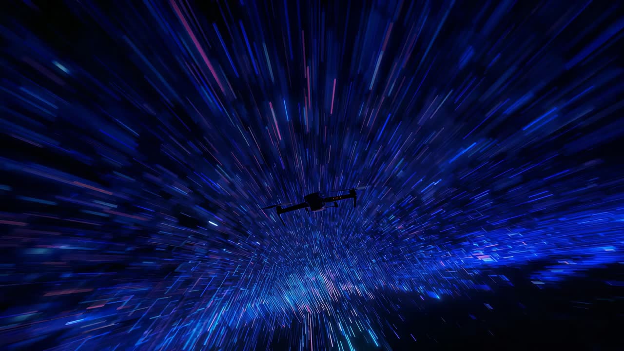 Drone nero sospeso al centro mentre il campo luminoso accelera e scie blu si estendono in un tunnel warp