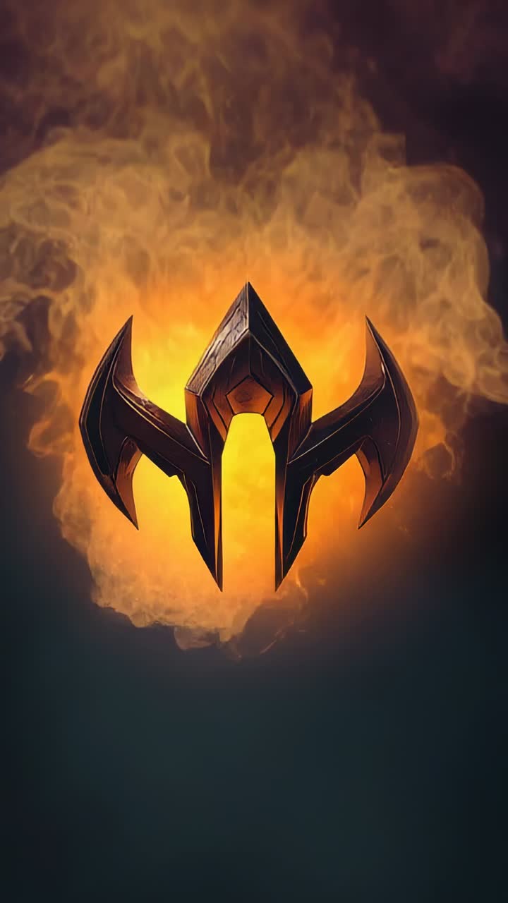 Vertical video: Ember-glow igniting helmet emblem with flames rising in dark void, smoke swirling