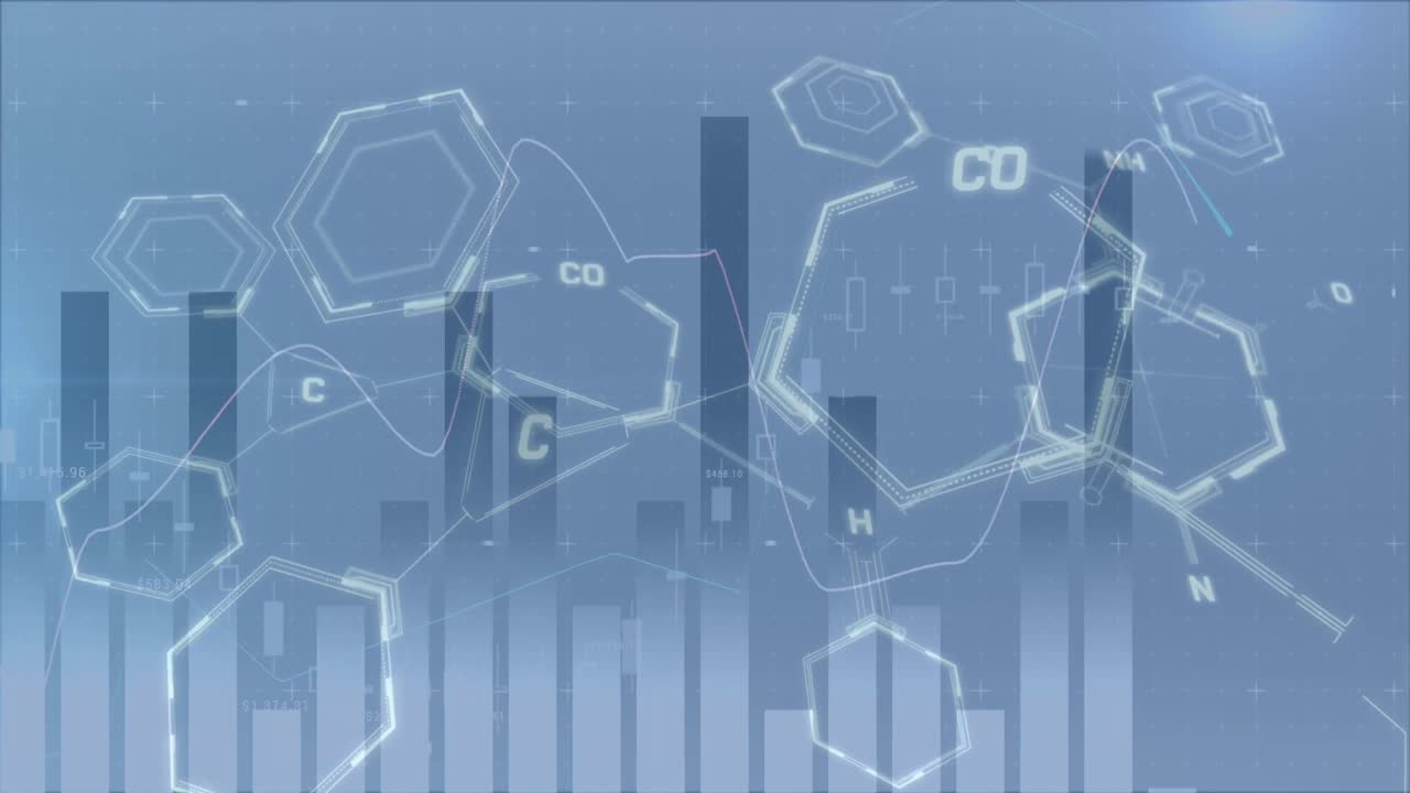 animación del procesamiento de datos financieros sobre estadísticas y estructuras químicas.