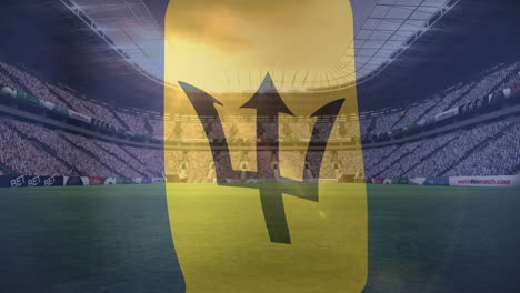 animation of waving barbados flag against view of a sports stadium