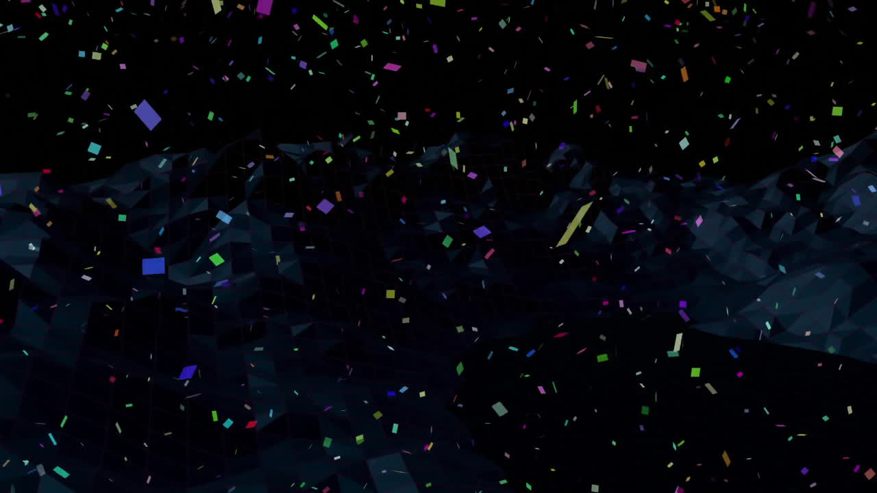 Animazione di coriandoli colorati che cadono su forme e motivi geometrici scuri.