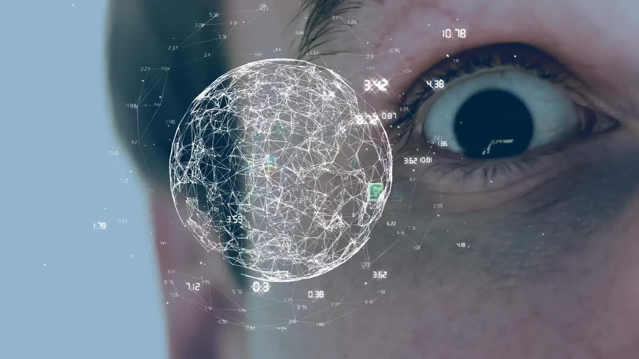 Animation of globe with network of connections with numbers over caucasian man's face