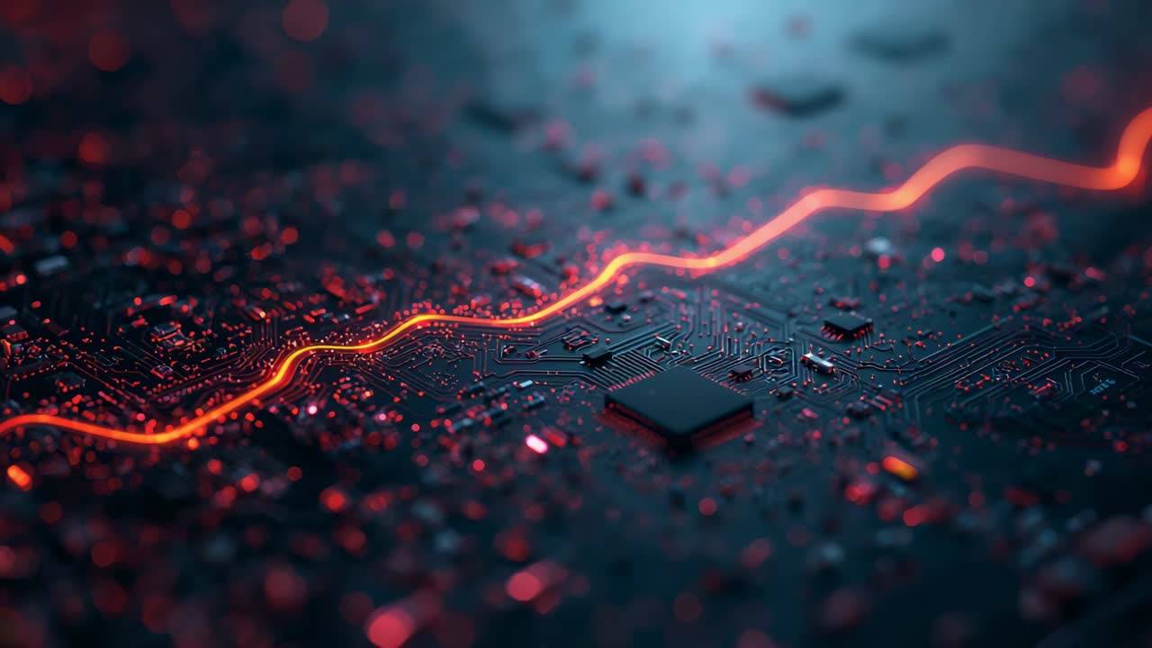 Glowing orange-red trace entering PCB, illuminating square microchip and solder joints on lab bench