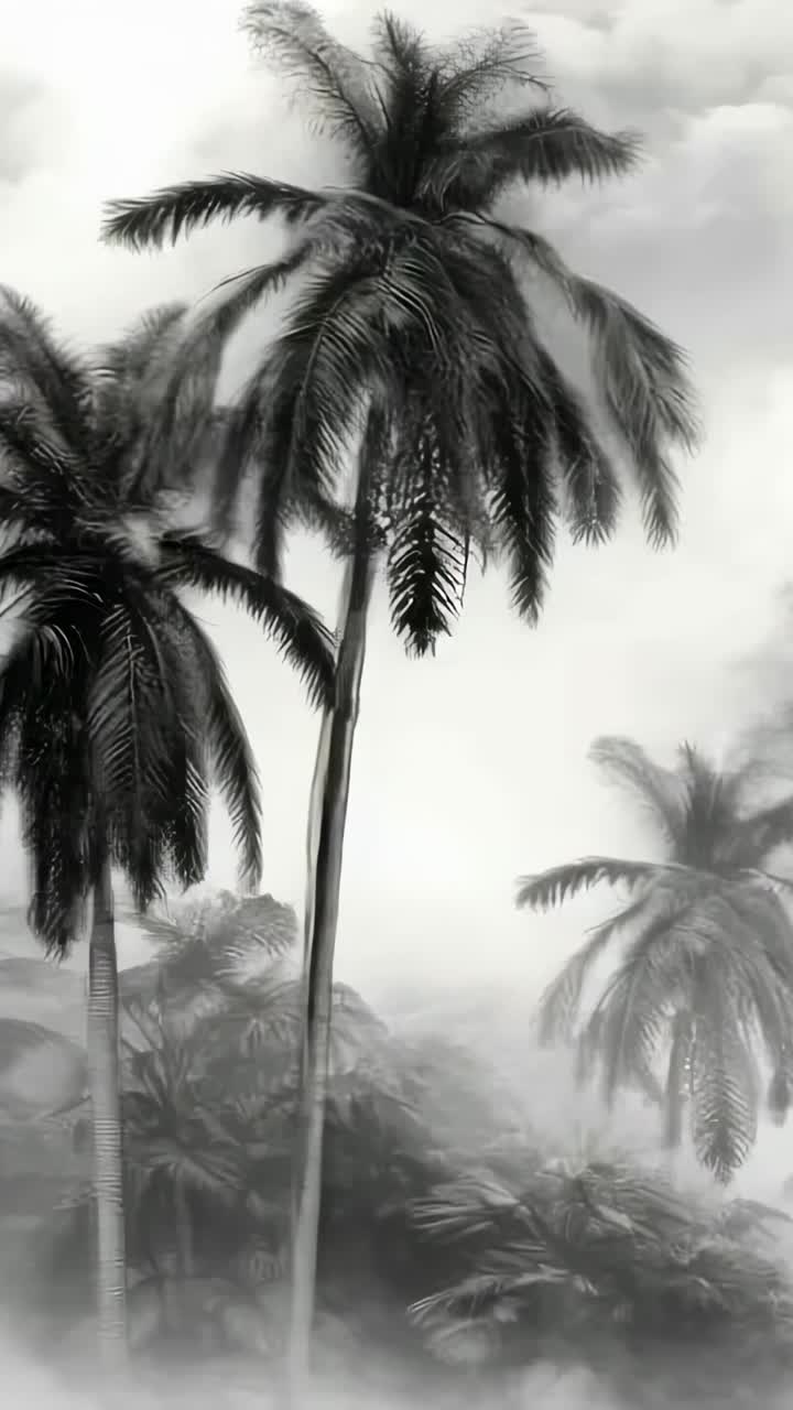 Vertical video: Panning stylized palm grove illustration, revealing undergrowth and drifting clouds