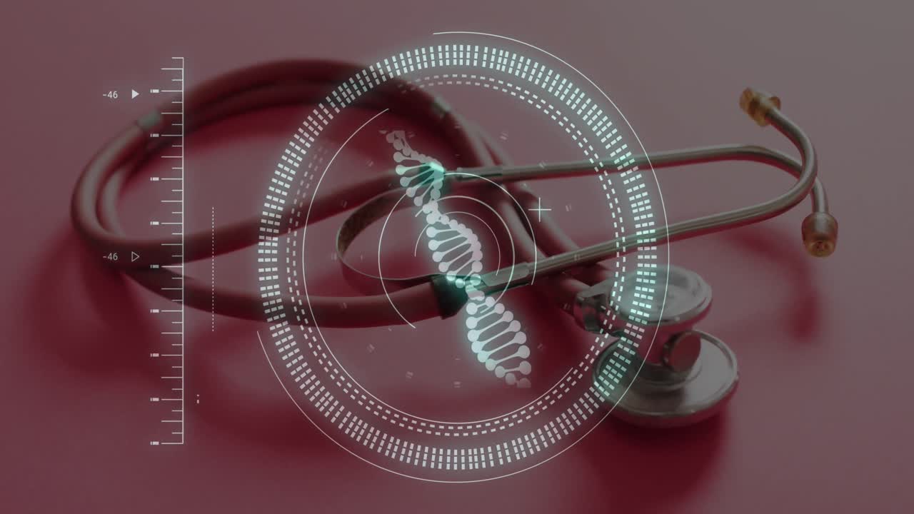 Animation of dna strand and scope scanning over stethoscope