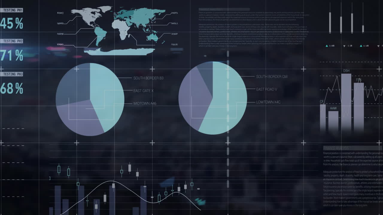 animación del procesamiento de datos financieros sobre el paisaje