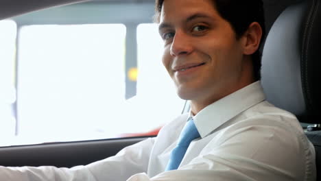 smiling businessman sitting in a car