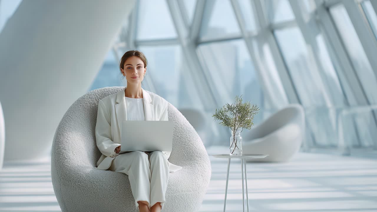 Soustředěný profesionál se věnuje práci, pohodlně sedí v moderním pracovním prostoru, obklopen přirozeným světlem a minimalistickými designovými prvky