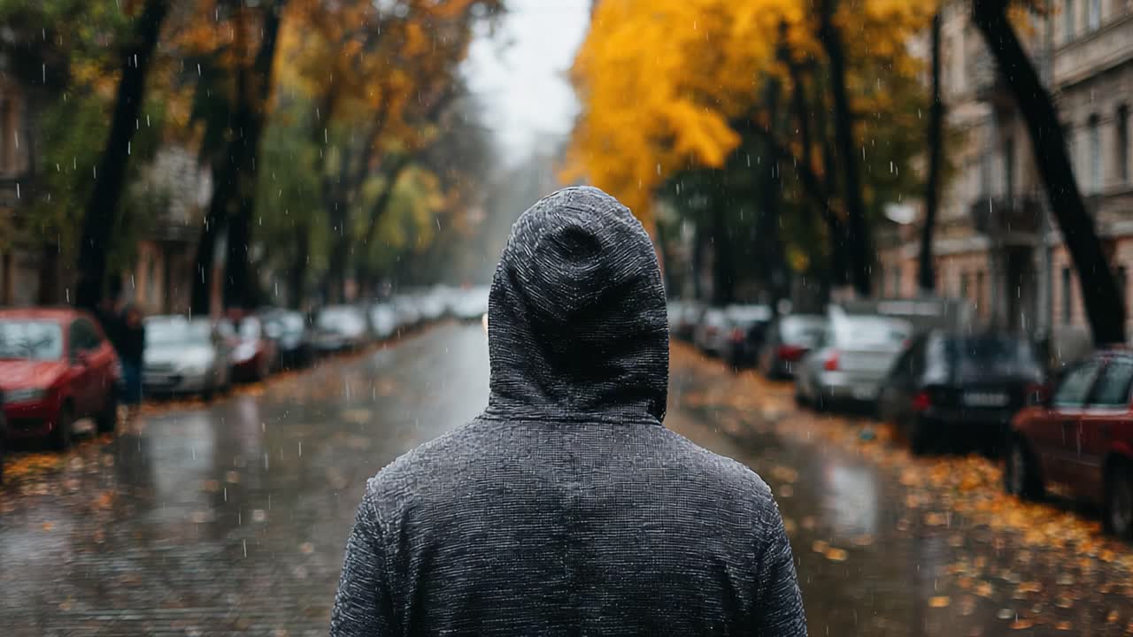 Una figura solitaria con una felpa grigia con cappuccio resta immobile in una strada bagnata dalla pioggia, circondata da un vivace fogliame autunnale e auto parcheggiate, catturando un momento di riflessione sotto il diluvio