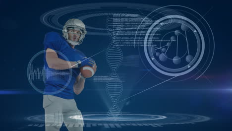 animation of caucasian american football player over diverse data on dark blue background