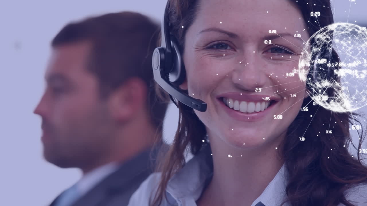 Animation of globe over business people using phone headsets