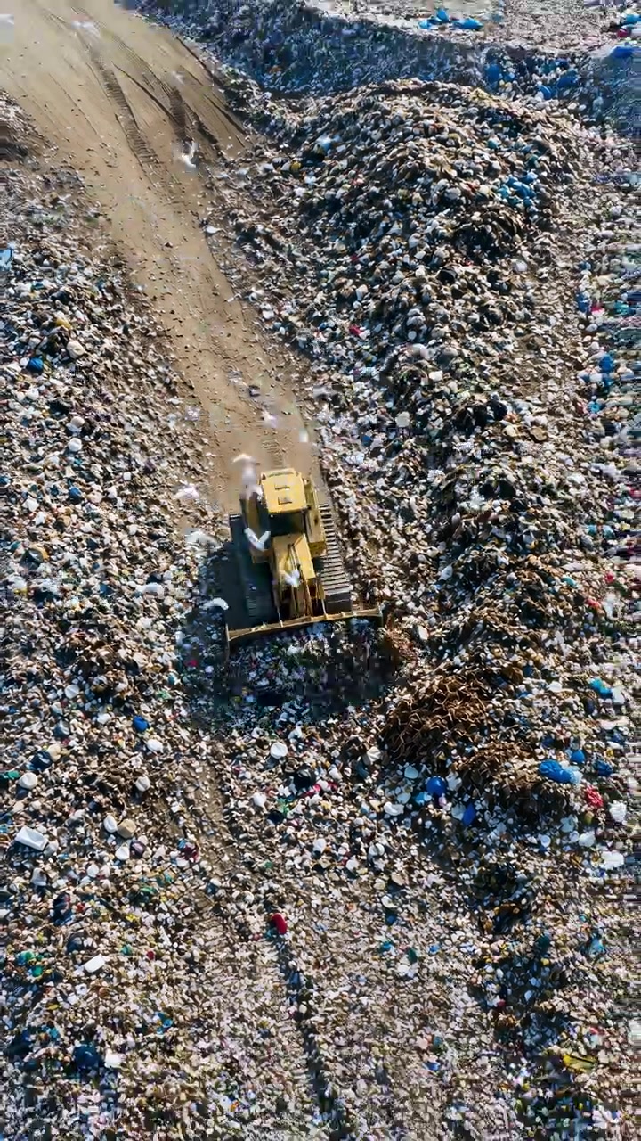 Vista dall'alto di un bulldozer giallo che viaggia su una stretta pista sterrata attraverso una grande discarica con cumuli di rifiuti misti, mostrando una scena di pulizia industriale in corso.