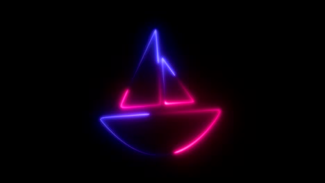 animación de luz. neon rosa y púrpura, señal parpadeante y brillante, contornos de barco, sobre un fondo negro
