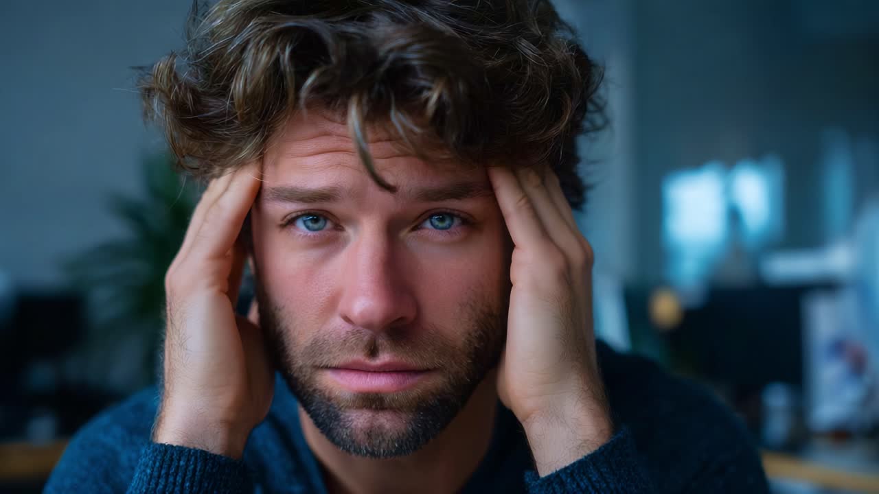 Um jovem contemplativo com cabelo despenteado expressa seus pensamentos e emoções enquanto repousa as mãos na testa em um espaço de trabalho moderno
