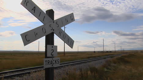 a railroad crossing sign rests stand next to old train tracks