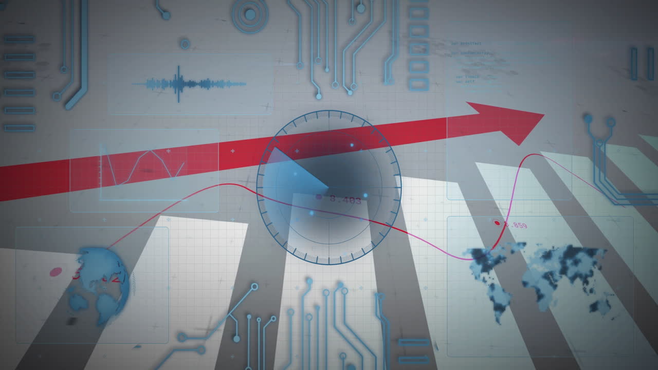 Animation of red arrow with digital graphs over world map and circuit patterns