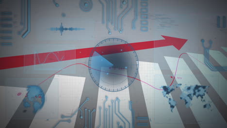 animation of red arrow with digital graphs over world map and circuit patterns