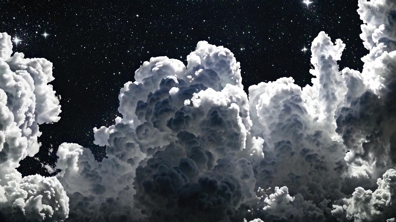 Maestose nuvole cumuliformi che si muovono attraverso un cielo notturno stellato