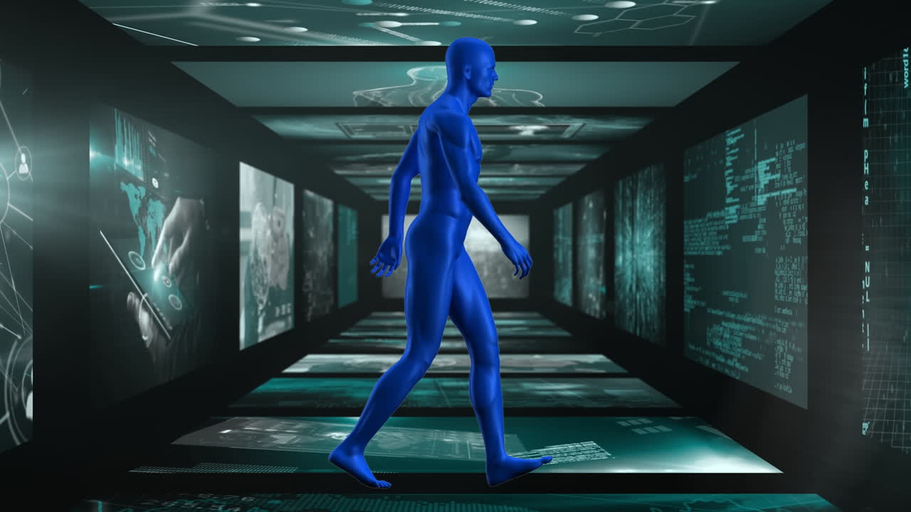 Animation of data processing and human on black background