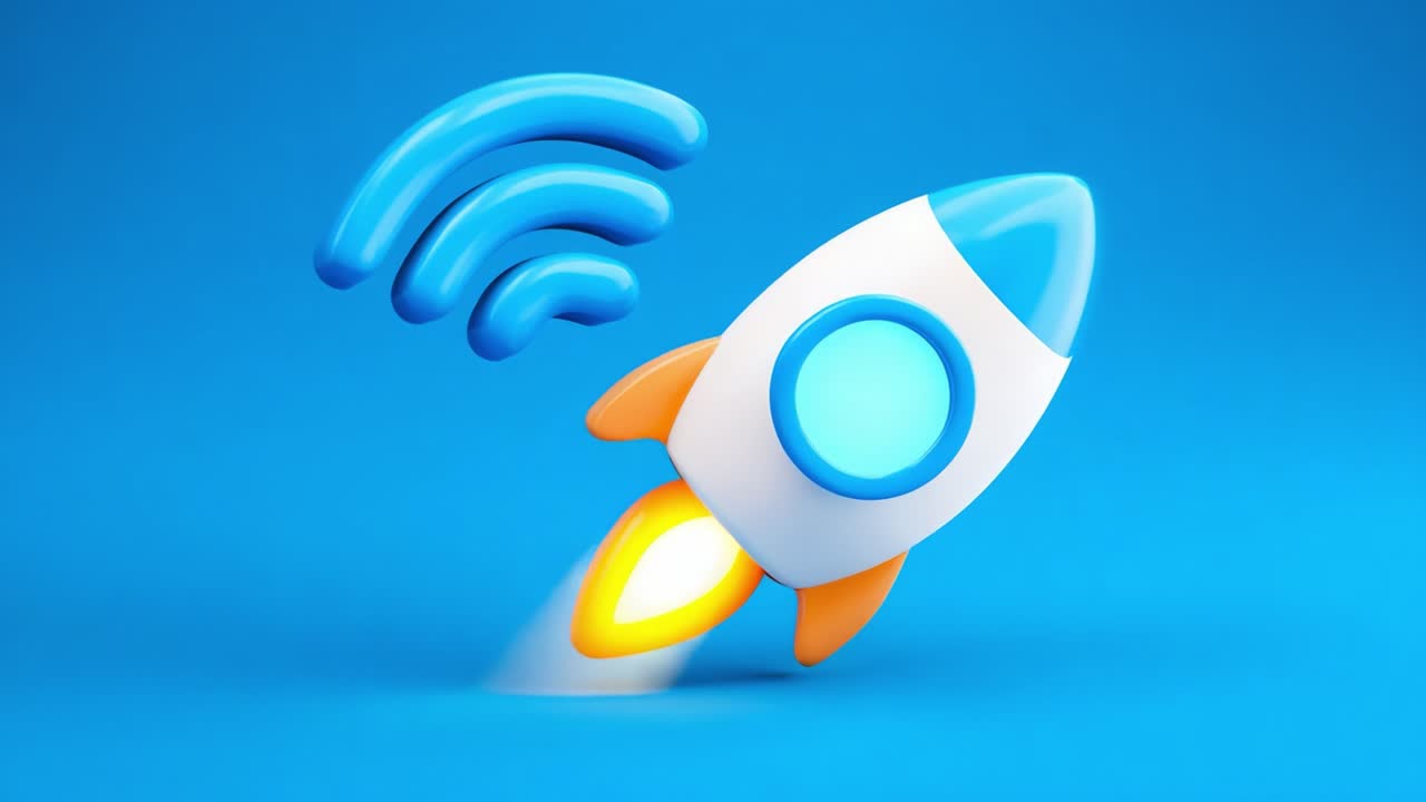 A vibrant illustration featuring a colorful rocket launching into a bright blue background, surrounded by stylized wireless signals, representing innovation and technology advancement