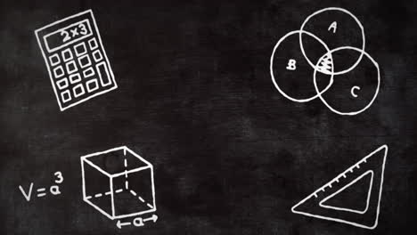 animación digital de múltiples iconos de conceptos matemáticos contra el pizarrón