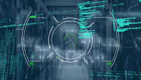 animación de la técnica de fallo, círculos, puntos conectados, número, lenguaje de programación en la sala del servidor