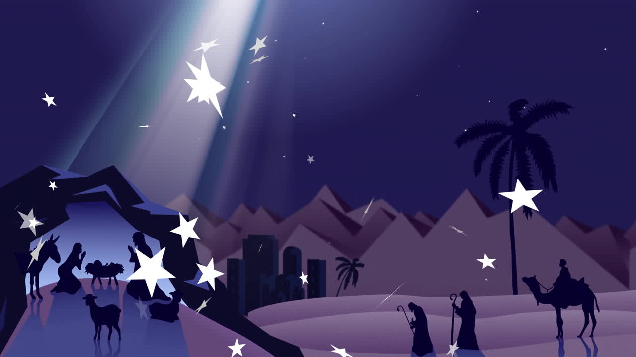 Presepe con stelle e animazione del cielo notturno su paesaggio desertico.