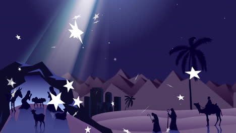 nativity scene with stars and night sky animation over desert landscape