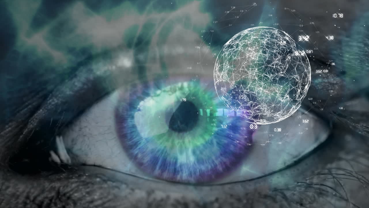 회전하는 디지털 글로브를 보는 색 ⁇ 의 눈