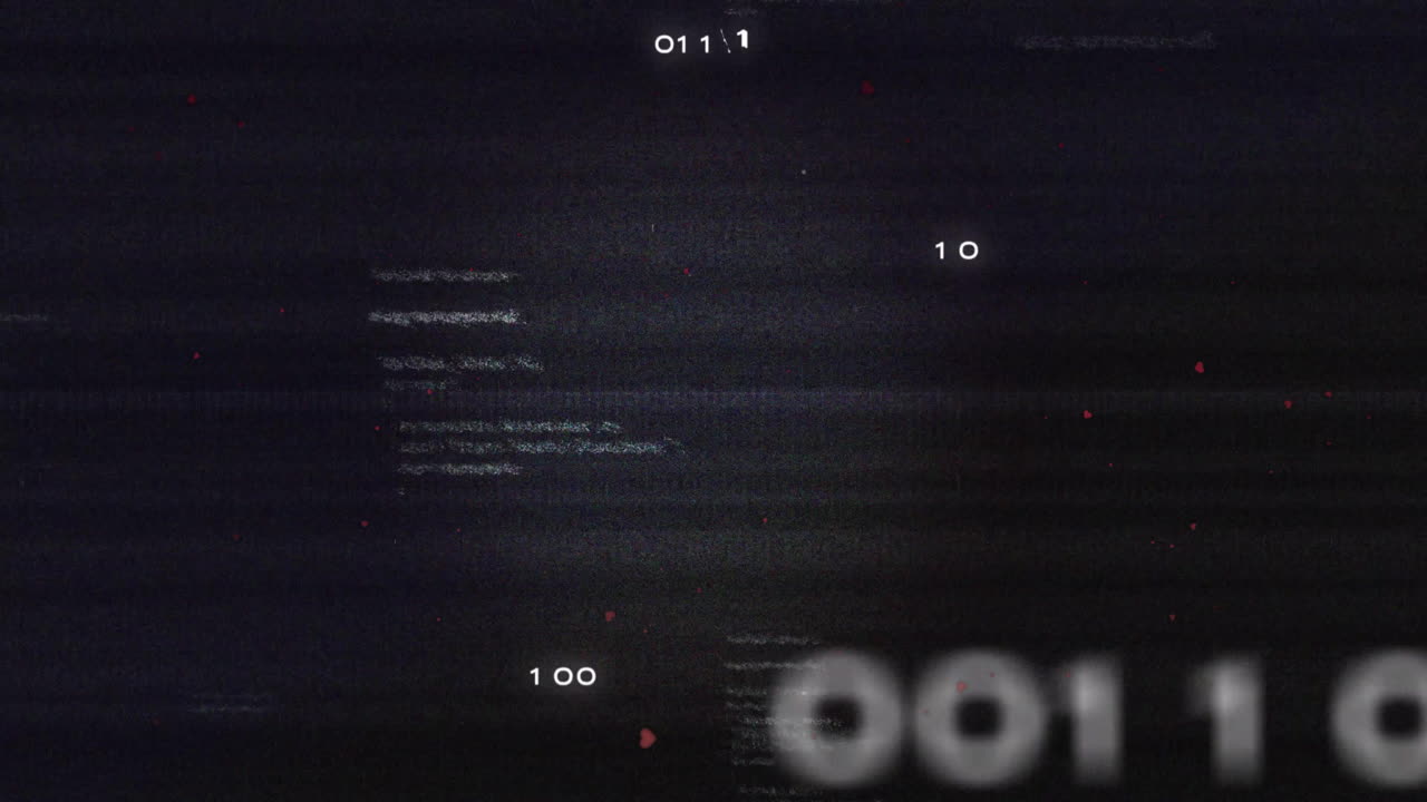 Glitching digital interface showing blurred binary digits and sharp 11 symbols over grainy static