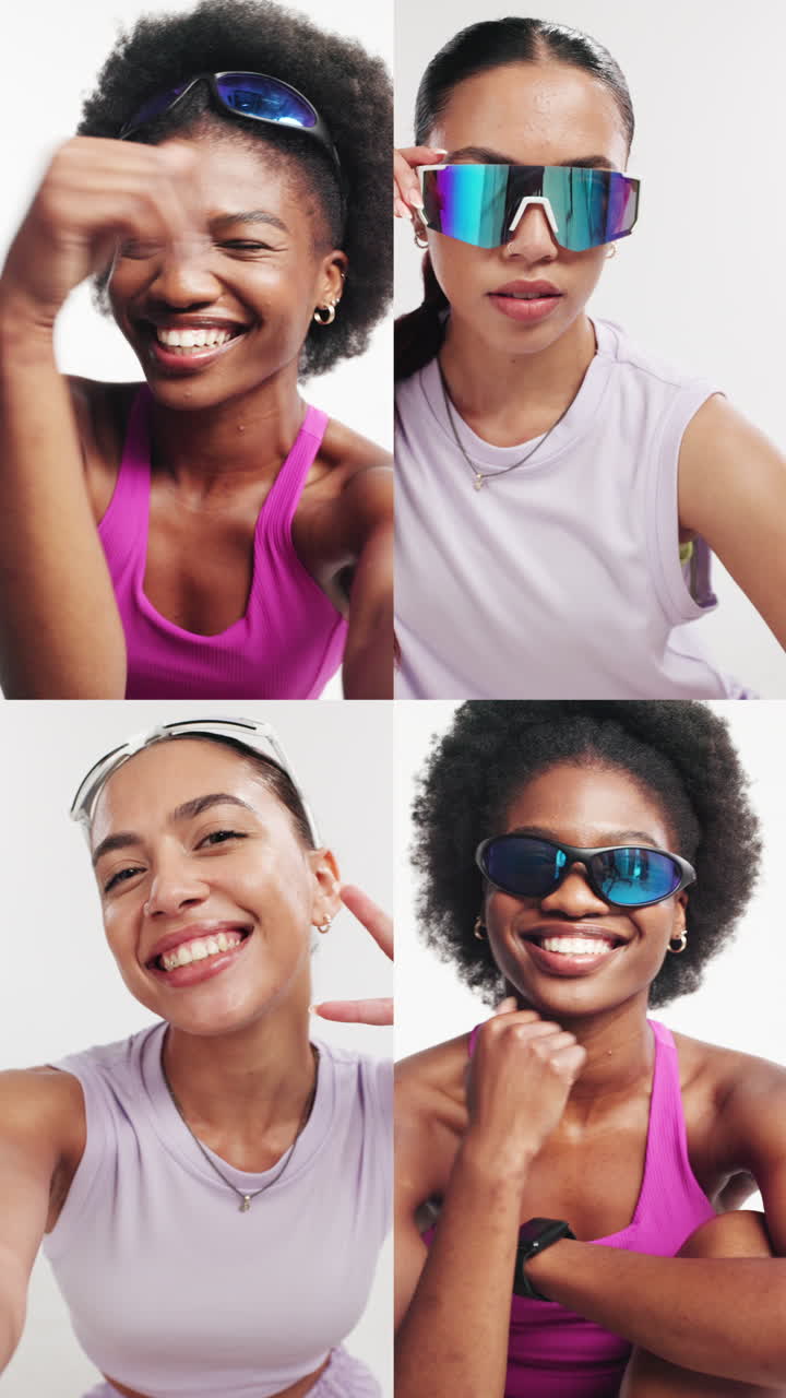 Jóvenes sonrientes con gafas de sol deportivas futuristas