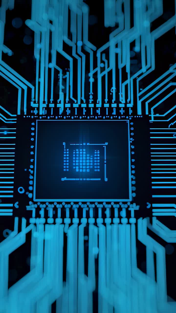 Vertical video: Starting camera panning revealing microchip on circuit board, with glowing traces