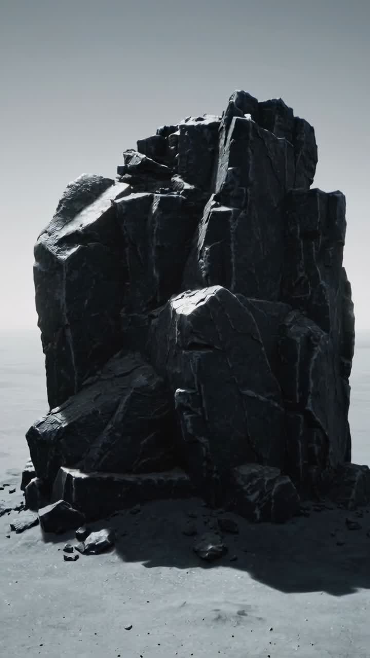 Vertikal video: Optagende kamera begynder at fange en enkelt takket sten på sand, bemærker murbrokker.