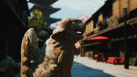 japanese street scene with komainu statue