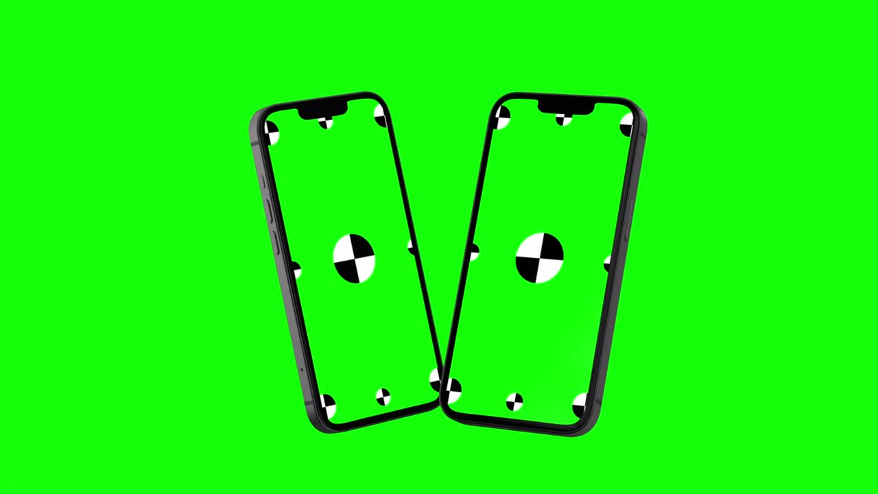 3d render de dos teléfonos inteligentes con un fondo verde. girando en pantalla. con una pantalla verde para una fácil tecla. imagen generada por computadora. fácil de personalizar.
