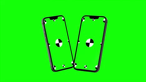 3d render de dos teléfonos inteligentes con un fondo verde. girando en pantalla. con una pantalla verde para una fácil tecla. imagen generada por computadora. fácil de personalizar.