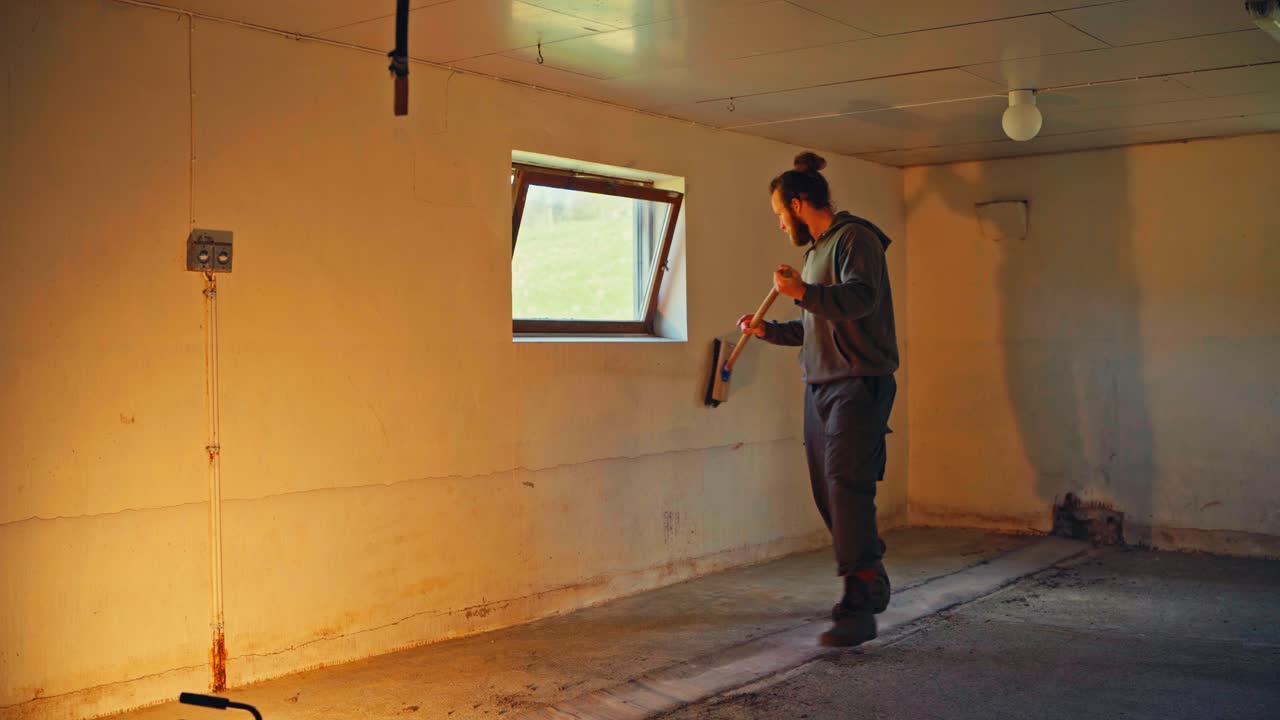 A Man Is Cleaning The Walls Of An Old Structure Using A Long Handle Broom Before Repainting It. Static Shot