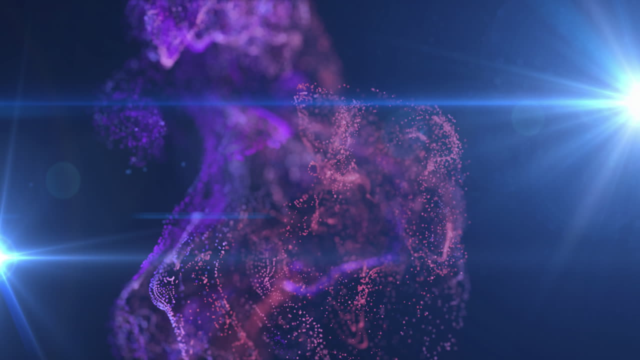 Glowing light beams and purple particles forming abstract shapes in animation