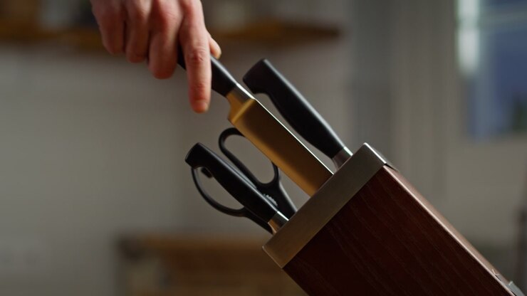 Hand slowly removes a kitchen knife from a wooden block in close detail