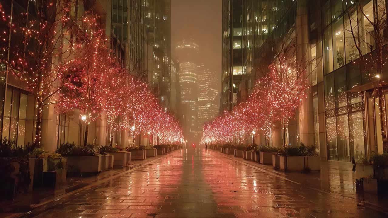 A Serene Winter Night in a Cityscape Adorned with Glowing Christmas Lights, Reflecting on Waxy Pavements, Creating a Magical Atmosphere with Revelers Strolling Along the Path
