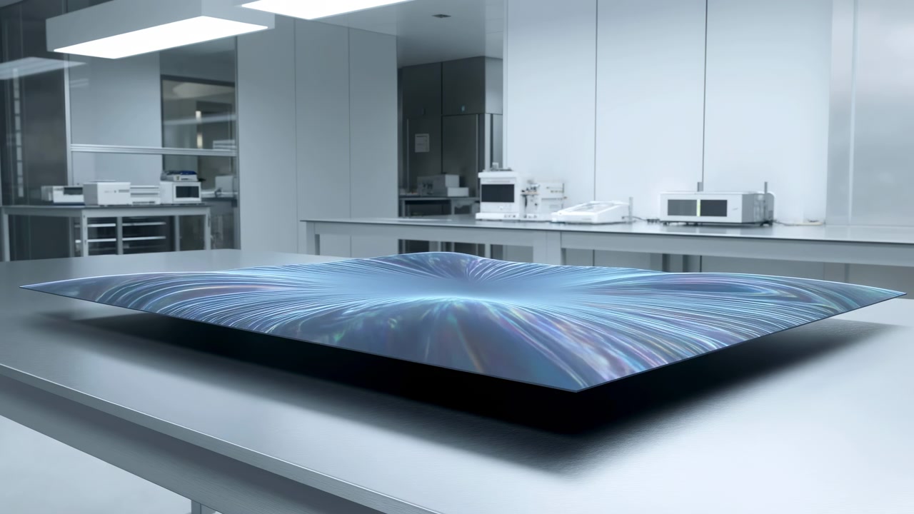 Una superficie rettangolare nera liscia cambia da piatta a motivi a onde stratificate blu e viola, con creste lucide che si espandono verso l'esterno mentre l'attrezzatura scientifica rimane ferma dietro di essa.