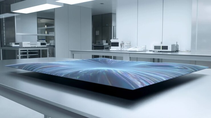 Una superficie rettangolare nera liscia cambia da piatta a motivi a onde stratificate blu e viola, con creste lucide che si espandono verso l'esterno mentre l'attrezzatura scientifica rimane ferma dietro di essa.