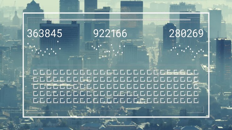 Animation of changing numbers with loading bar and squares over modern cityscape