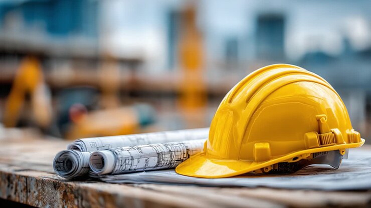 Construction Workspace with Yellow Hard Hat and Blueprints: A Close-Up Look at Essential Tools for Builders and Engineers in Action