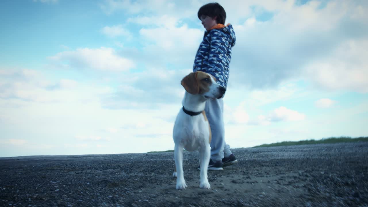 niño y perro posando en la playa